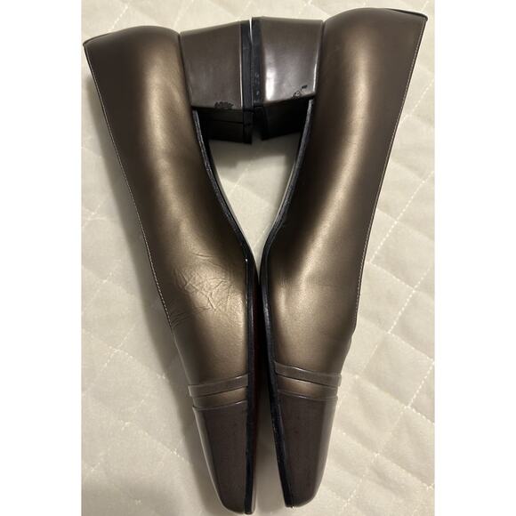 Stuart Weitzman Sz 8 B Bronze Leather Pumps Block Heels Square Toe Formal Shoes - Picture 7 of 13